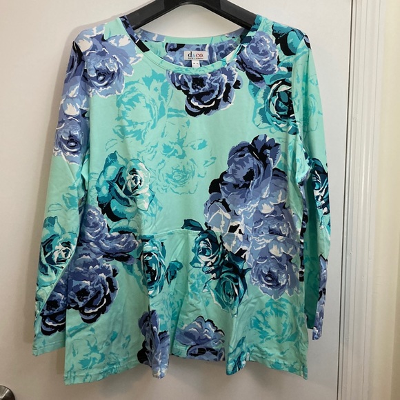 Denim&Co Tops - NWT Studio by Denim & Co Print Peplum Turquoise Floral Long Sleeve Top XL